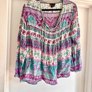 Vintage 70s Indian Cotton Gauze Block Print 100% cotton boho hippie tunic top M